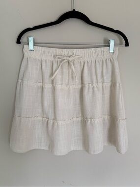 Salsa Jeans White 100% Linen Tiered Mini Skirt Sz M Semi-Sheer Beach Cover Peru
